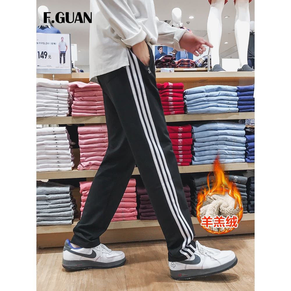 Calças esportivas de lã de cordeiro de perna reta homens inverno quente três barras uniforme escolar calças mais lã gros
