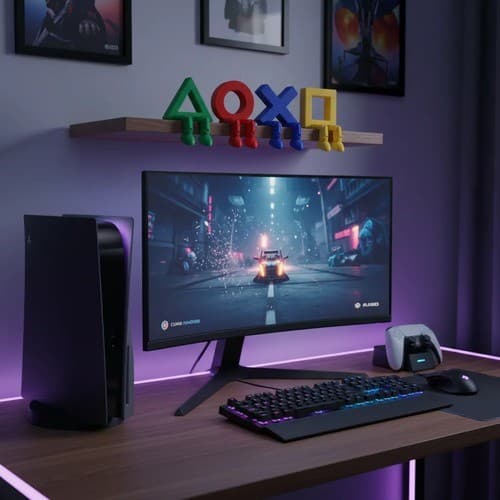 Logo PlayStation Letreiro Botões Colorido Articulado 3D Decoração Gamer Setup PS5 PS4 PC