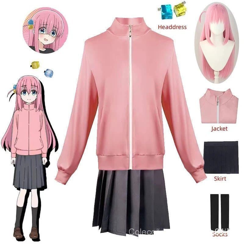 Fantasia de Cosplay de Anime Bocchi the Rock Gotou Hitori, Casaco Rosa e Saia Yamada Ryou, Uniformes JK de Halloween TU8
