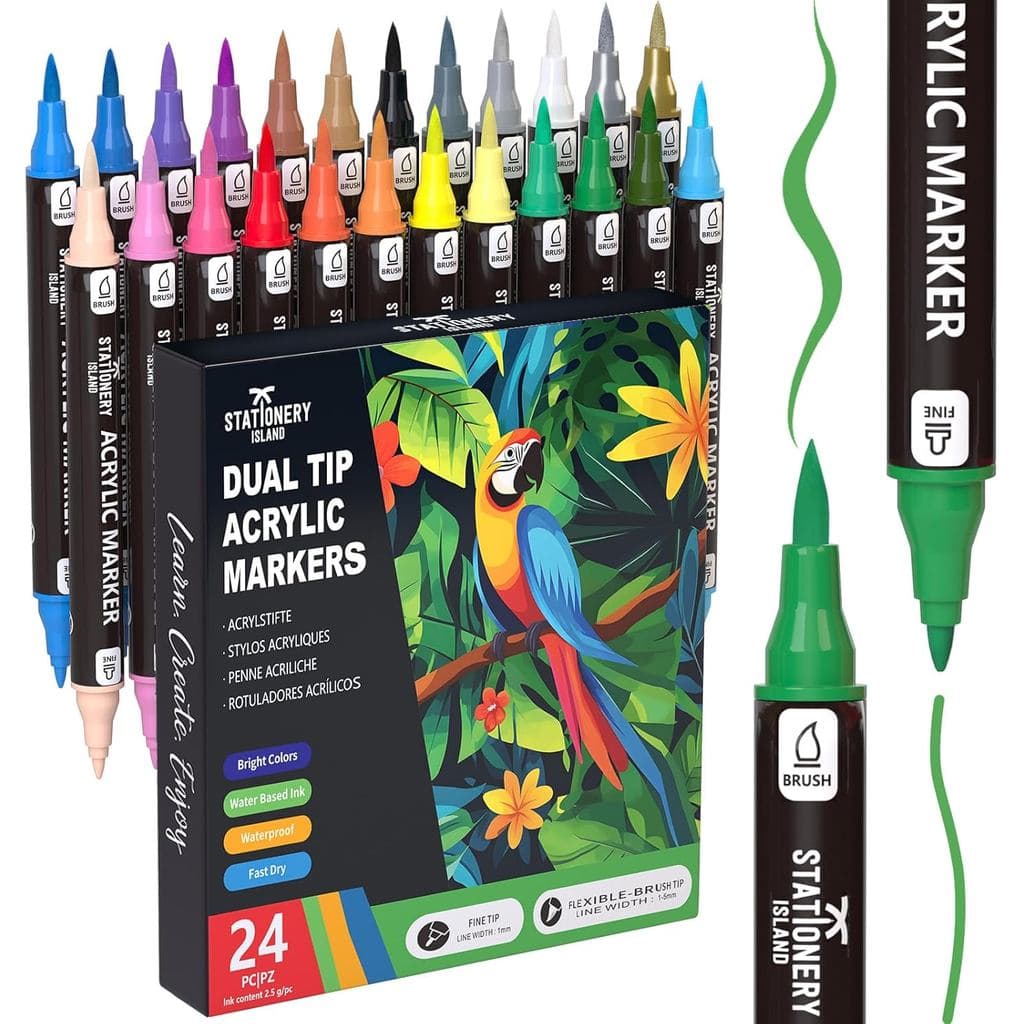 STATIONERY ISLAND Canetas de Tinta Acrílica Permanente 24 Cores – Marcadores de Ponta Dupla para Pedras, Abóboras, Vidro