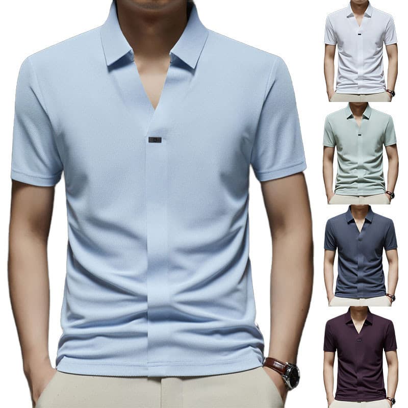 Camisa Masculina de Manga Curta em Seda Gelada, Solta, Casual, Decote em V, Moda Simples, Tamanho Grande, F ZFVA GYFX