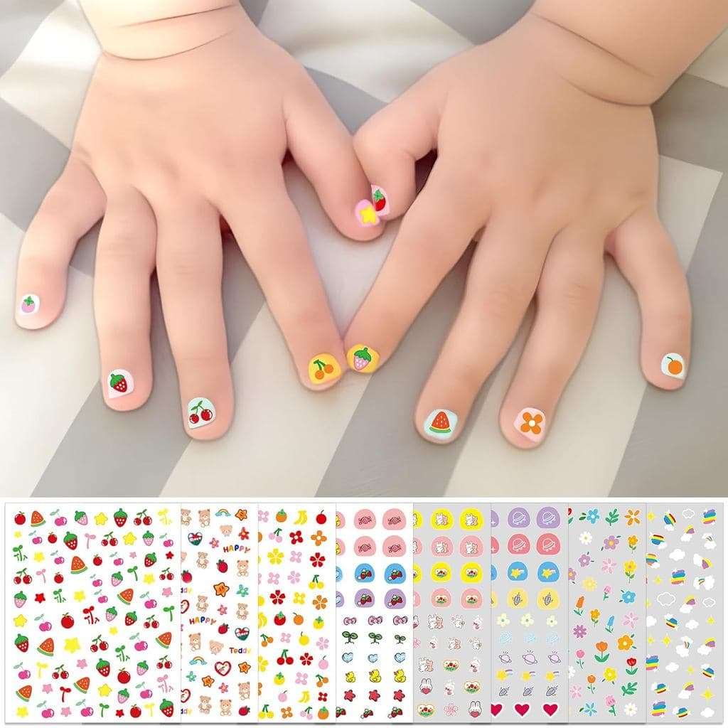 8 Folhas de Adesivos para Unhas para Meninas, Designs de Desenhos Animados Fofos, Decalques Autoadesivos para Arte de Un