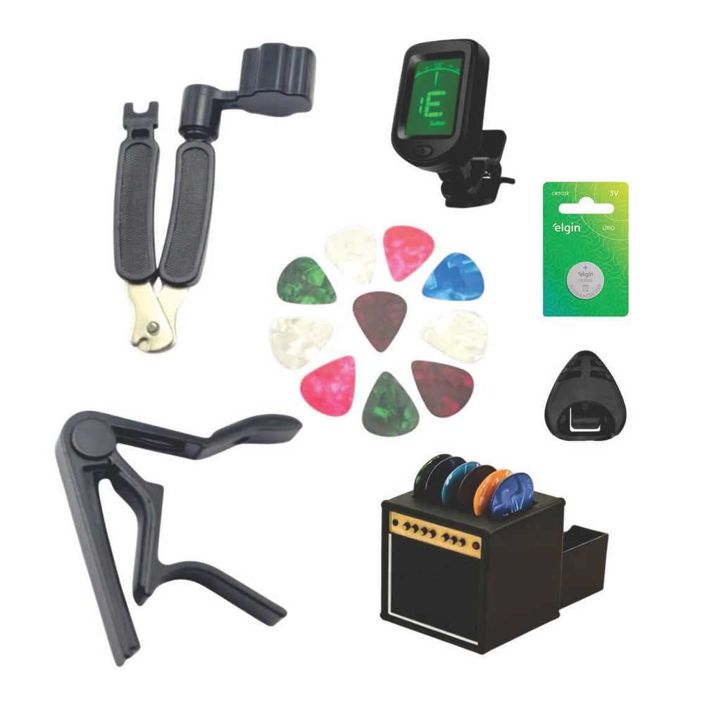 Kit Violão Afinador Digital Capotraste Enrolador De Corda Porta Palhetas Mini Amp 3D e 10 Palhetas