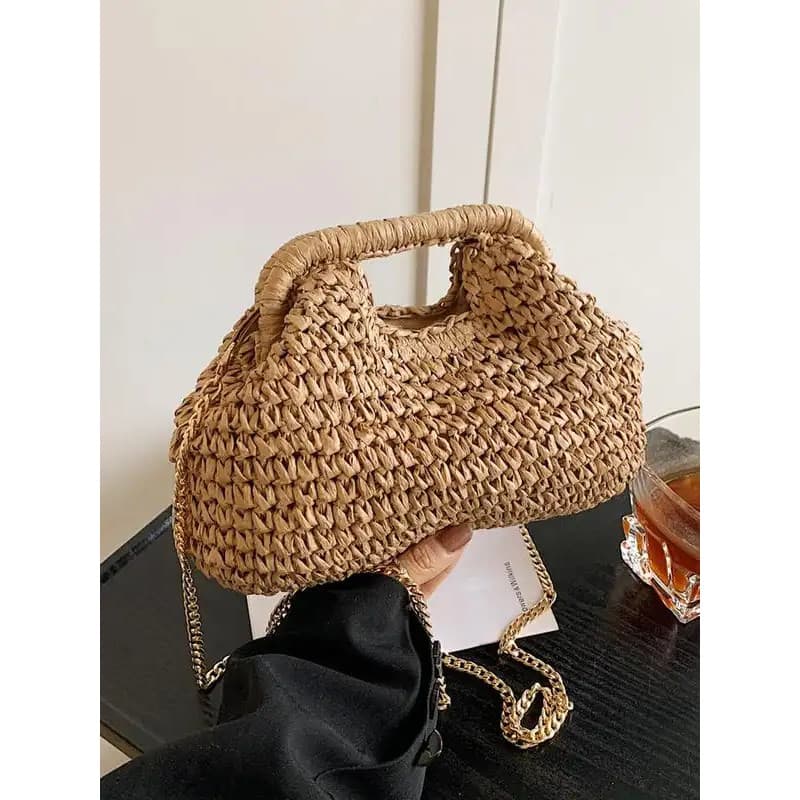 Bolsa de Palha Elegante para Mulheres, Bolsa Transversal Estilosa de Palha com Alça de Corrente, Bolsa de Ombro Leve e V
