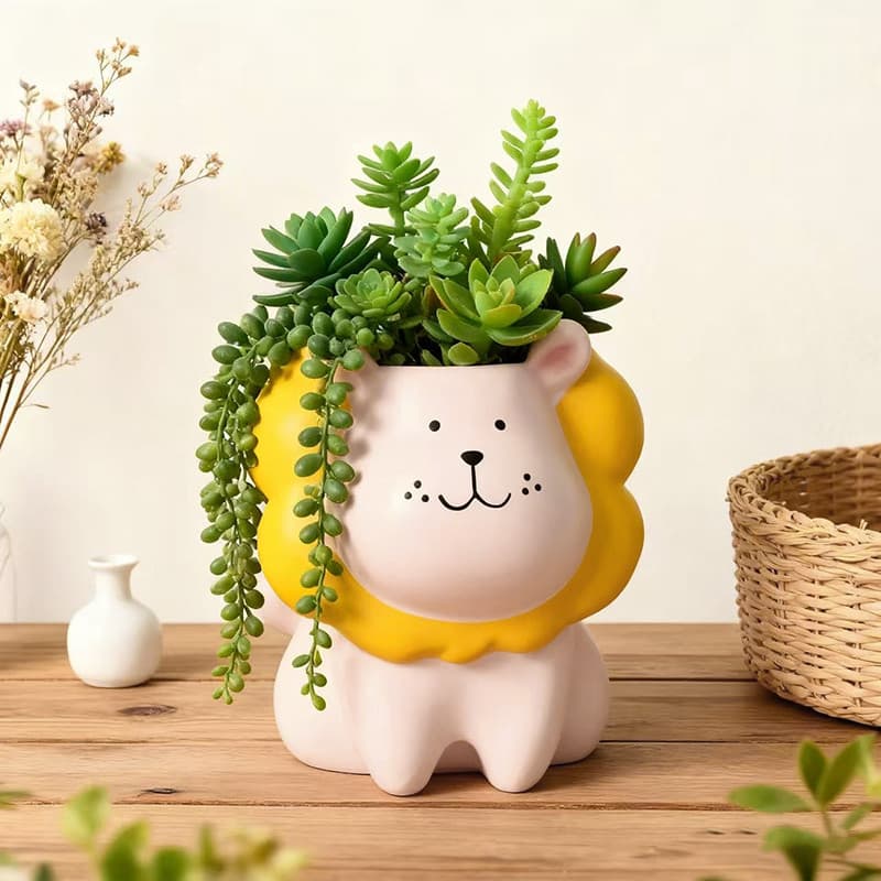 Bonito dos desenhos animados forma de leão vaso de flores planta criativa vaso de plantas interior decoração de mesa orn