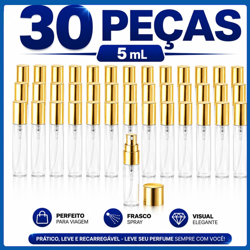 Kit 30 Frascos Vazios de Perfume 5ml em Vidro com Tampa Dourada, Reutilizáveis para Viagem, Bolsa e Amostras Finas