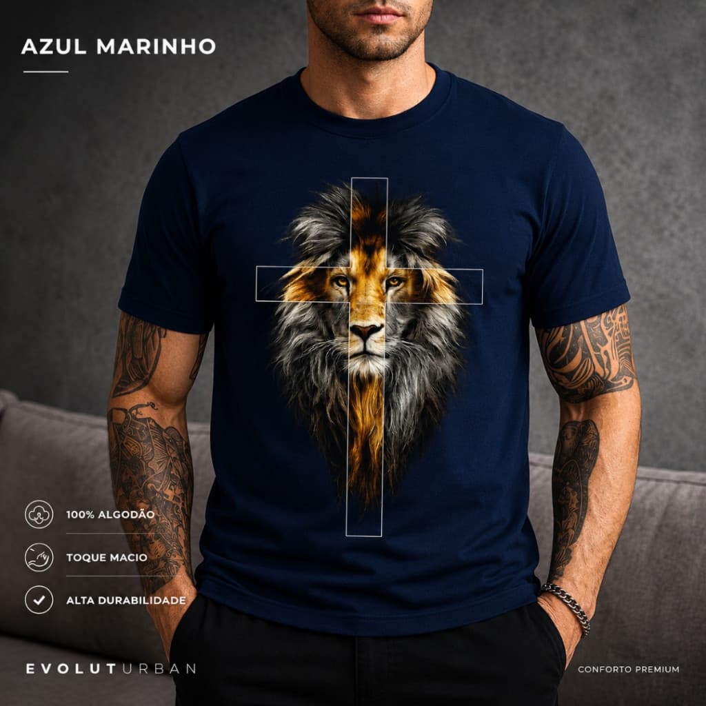 Camiseta Masculina Leão Cristão Gospel Casual Estampa Cruz Algodão Premium