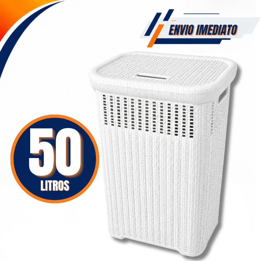 Cesto de Roupa Telado Rattan Branco 50 Litros Com Tampa Premium