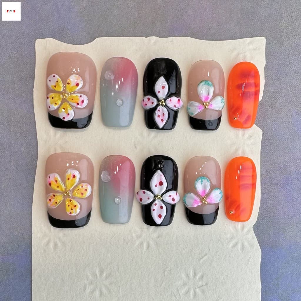 Unhas Falsas Ombre Francesas Com Flor 3D-Conjunto De 10 Peças