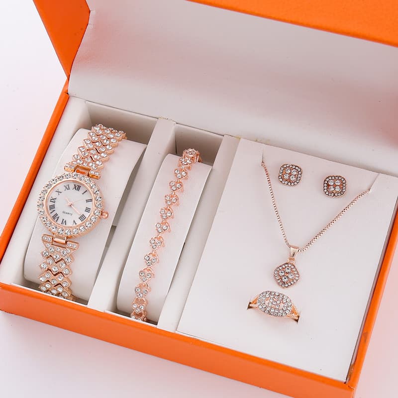 Relógio de pulso feminino moda elegante conjunto caixa de presente pequeno mostrador relógio + pulseira + conjunto de jo