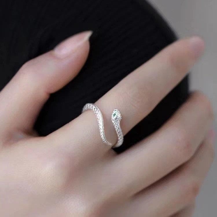 Anel ajustável prata em forma de cobra nicho Design sentido único aberto pequena cobra índice dedo anel luz influenciado