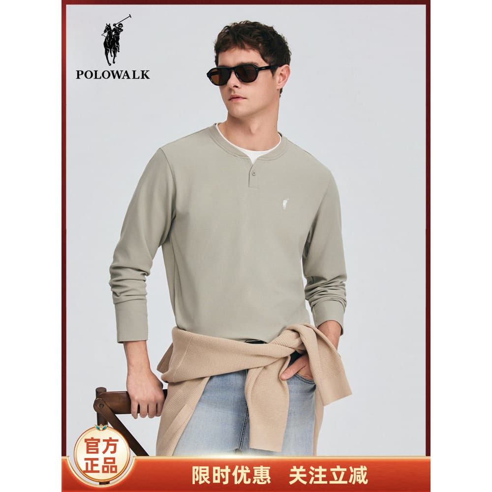 POLOWALK camiseta masculina de manga comprida 2026 primavera novo produto contraste cor dupla camada gola Henry pulôver