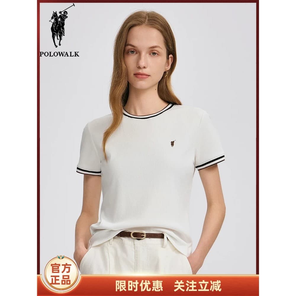 POLOWALK Camiseta feminina de manga curta com gola redonda 2025 verão novo produto Commuter meia manga All-Match Casual