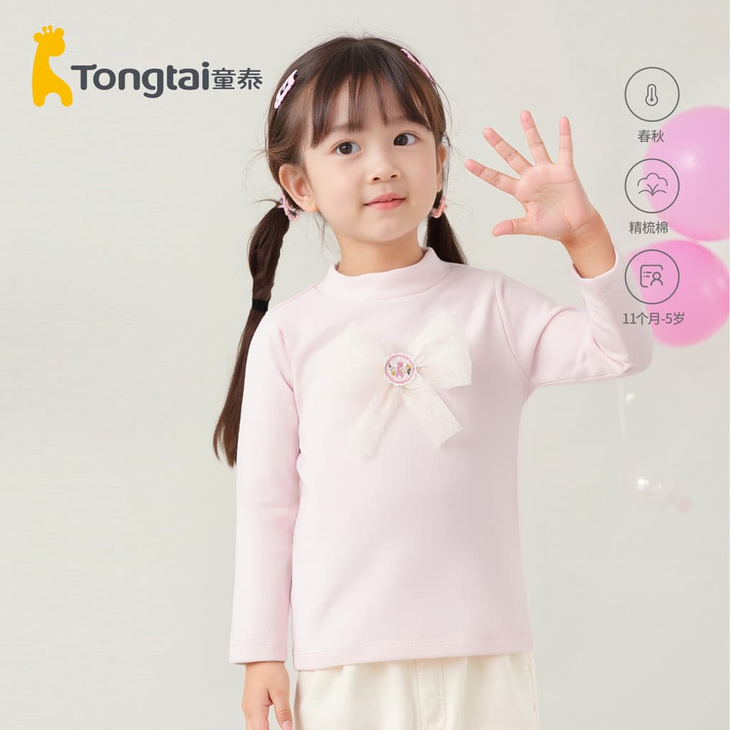Tongtai meninas penteado algodão meia gola alta manga longa camiseta primavera outono arco decoração pequena camisa de f