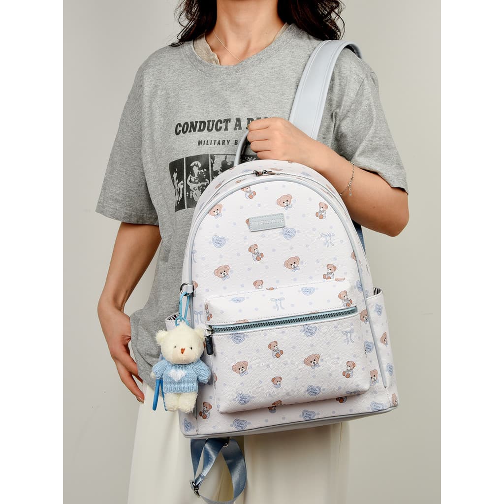 Muzi Street Cute Bear Print Mochila Feminina Estudante Doce Bolsa Escolar de Grande Capacidade Lazer Viagem Mochila Leve