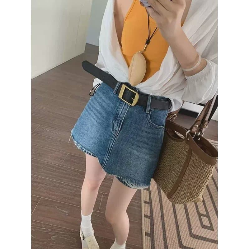 Falso de duas peças rasgado desgastado cintura alta Denim Shorts feminino verão bens europeus lavado solto calças de per