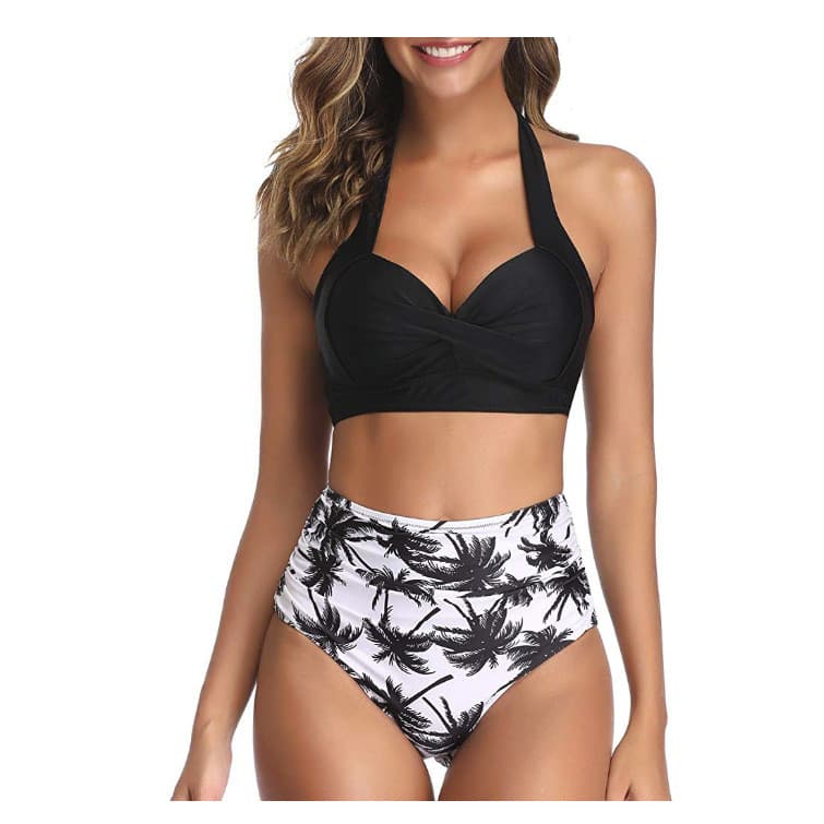 Biquíni de Cintura Alta com Estampa e Decote Halter para Mulheres, Biquíni de Duas Peças com Efeito Emagrecedor