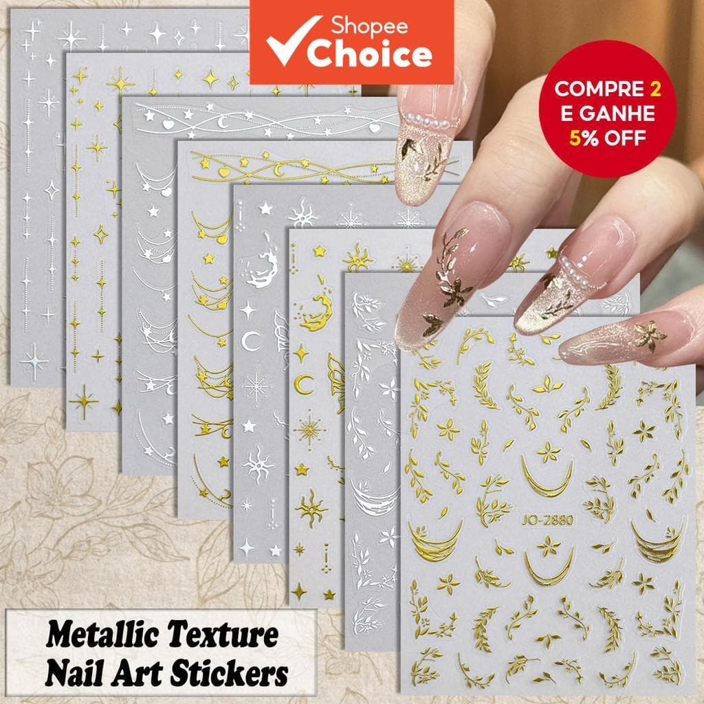 4/8/12 Folhas de Adesivos Metálicos de Unhas Dourado/Prateado – Estrelas, Luas e Folhas em Relevo 3D – Autocolantes