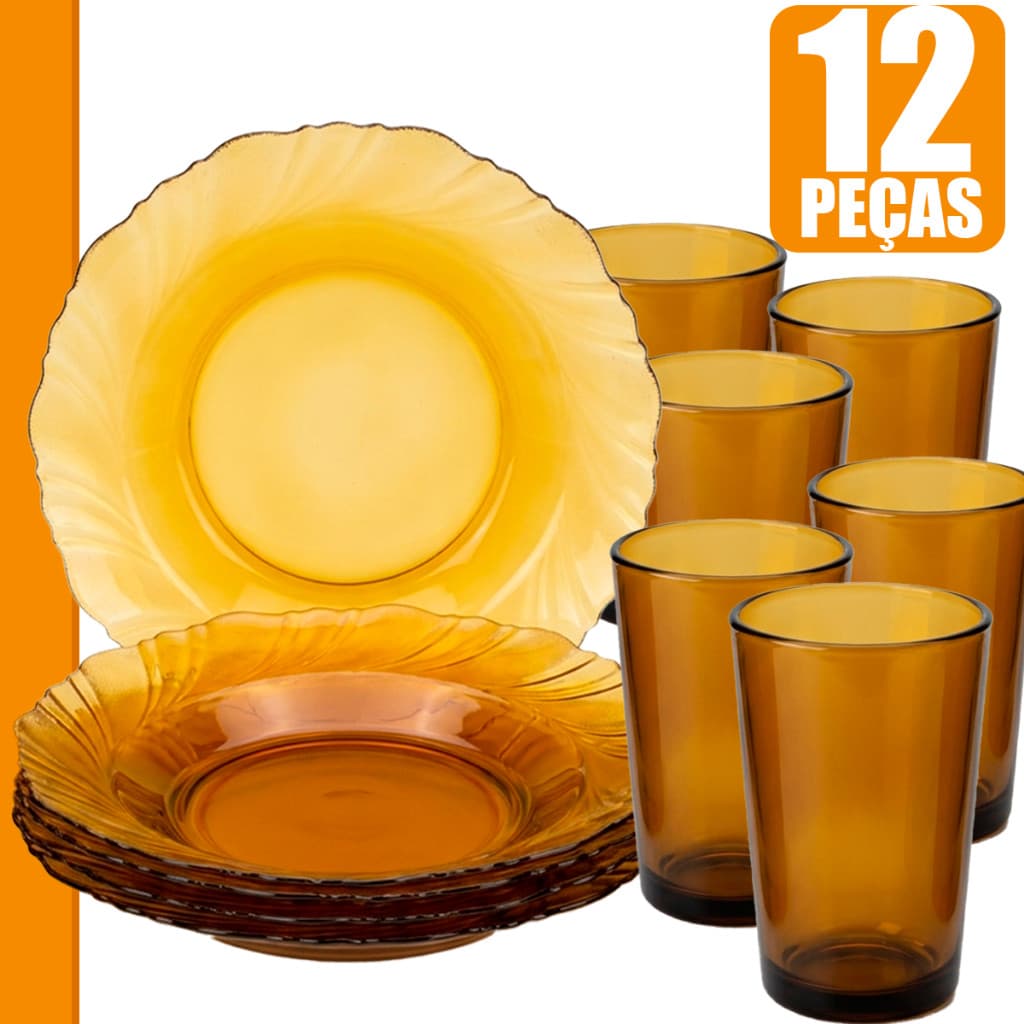 Kit Mesa Posta Âmbar 12 Peças 6 Pratos Storm + 6 Copos de Vidro 200ml Aparelho de Jantar Café