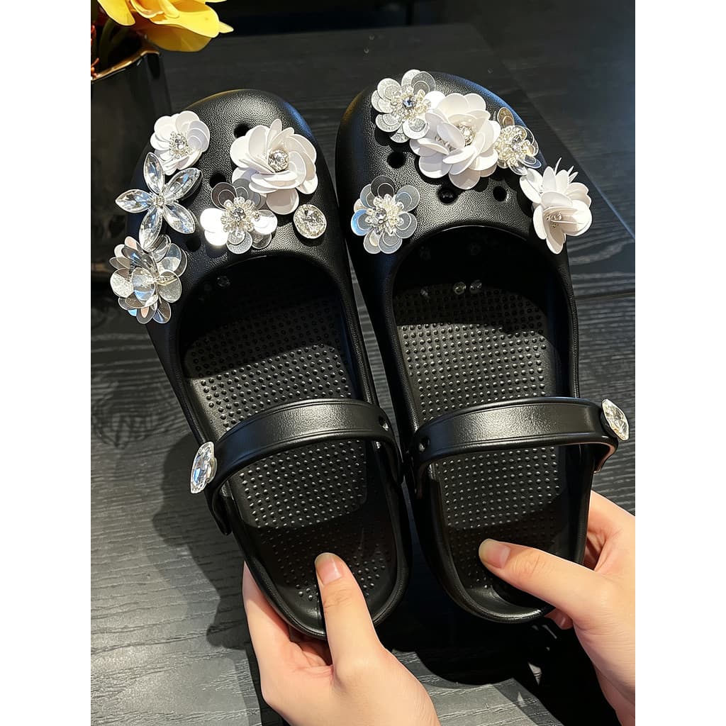 Mary Jane buraco sapatos senhoras diy diamante pérola flor acessórios verão exterior Wear antiderrapante plana respiráve