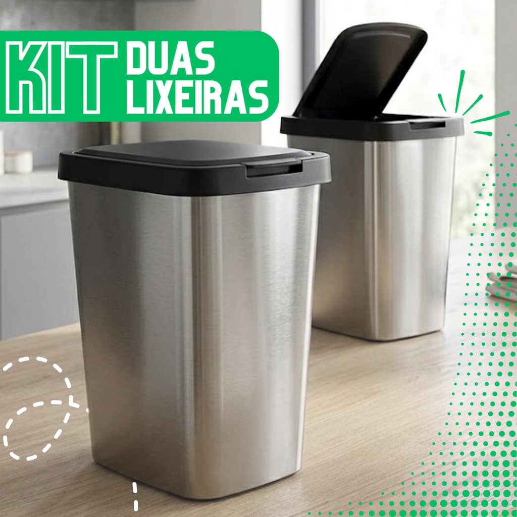 Kit 2 Lixeiras Cesto 9 Litros Click Label Cozinha Banheiro Inox Para Escritório Quarto Cozinha
