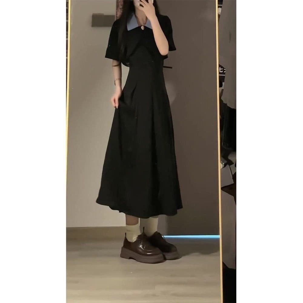 Junior High School Estilo Retro Vestido Curto Verão Xale Top Terno Temperamento POLO Preto Sling Dress Sling