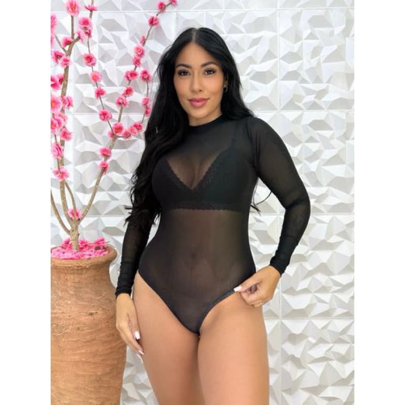 kit 2 Body de Tule POLIAMIDA de COMPRESSÃO  Bori Manga Longa Preto Influencer Moda Feminino Inverno