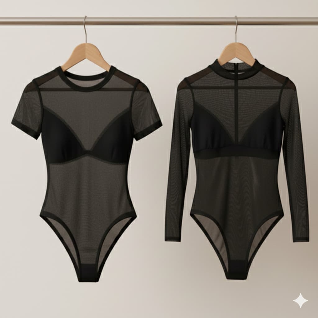 Kit 2 Peças Body Tule POLIAMIDA de COMPRESSÃO Preto Transparente Manga Longa E Curta Feminino Elegante