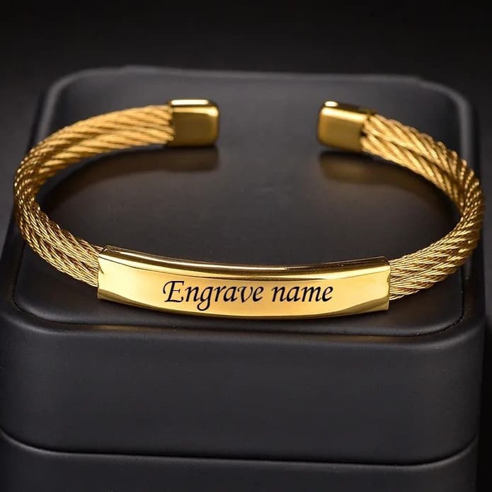 Pulseira Personalizada em Aço Inoxidável Gravada, Pulseira Personalizada com Letras Douradas e Data QZ5A