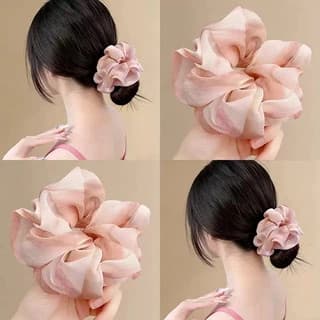 3 Peças De Elástico Grande De Chiffon Para Mulheres , De Cabelo Elegante De Organza Rosa , Laço Floral Coque , Acessório