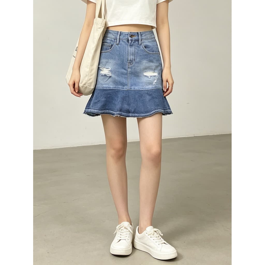 Saia curta com babados capaz JEANS Denim saia de um passo saia de meio comprimento senhoras verão rasgado Casual Deni
