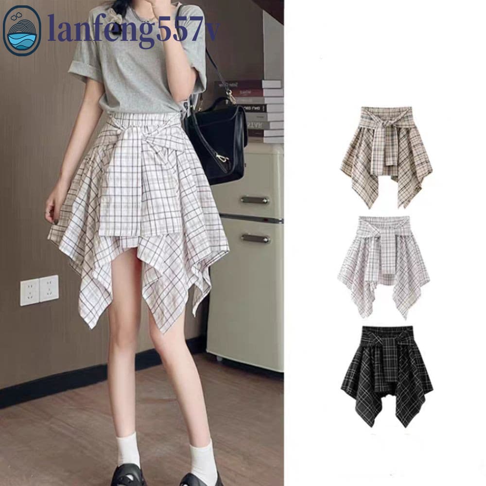 Saia De Camisas Xadrez LANFENG , Saias Falsas De Duas Peças Com Cadarço Evasê , Shorts De Cintura Alta