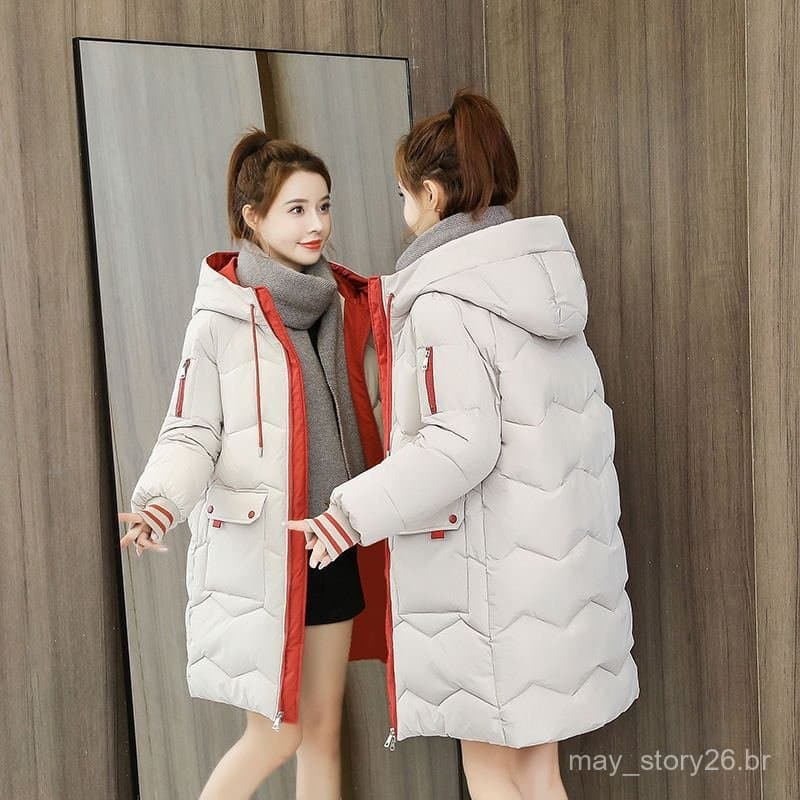 Casaco de inverno feminino popular de 2026, estilo coreano, de comprimento médio, solto, acolchoado com algodão grosso,