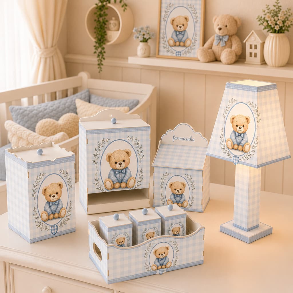 Kit Higiene Bebê Ursinho Azul 8 Peças em MDF com Abajur Completo