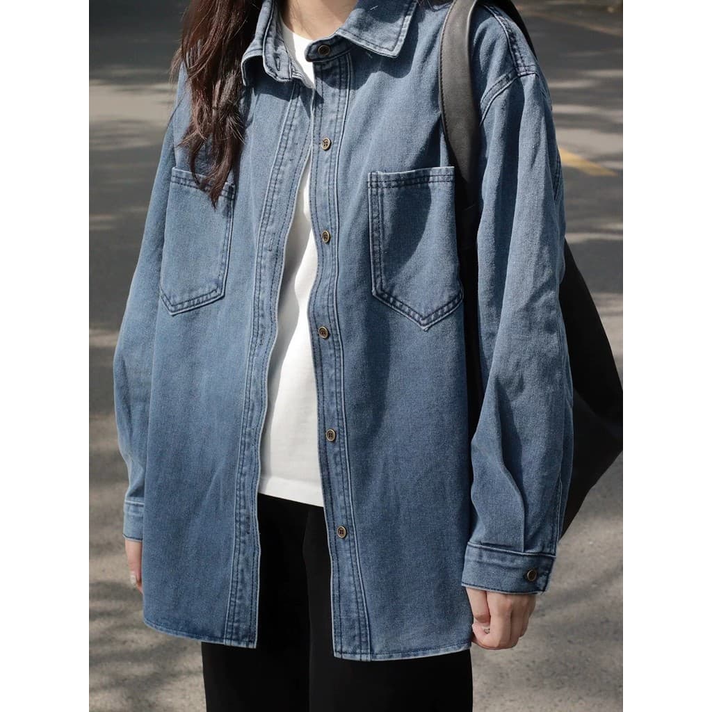 Americano Retro de manga comprida Denim camisa jaqueta feminina primavera outono tamanho grande solto mais magro olhar d
