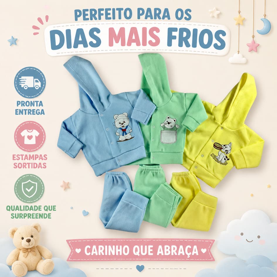 Conjunto De Bebe Com Capuz Soft Blusa + Mijão Estampado Inverno Roupa de Frio Infantil