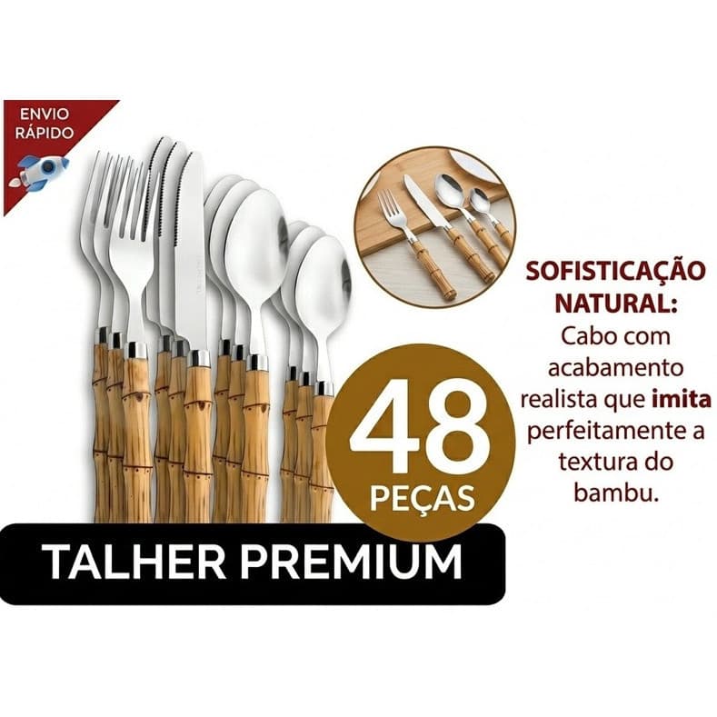 Jogo de Talheres 48 Peças Faca Garfo Colher e Colheres de Sobremesa Aço Inox - Cabo imita Bambu