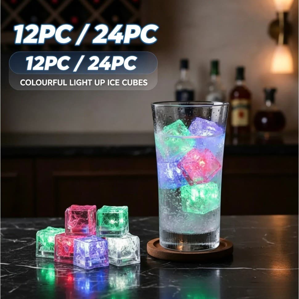 Kit 24 Cubos de Gelo LED Piscantes – Coloridos, Automáticos, Para Bebidas Divertidas