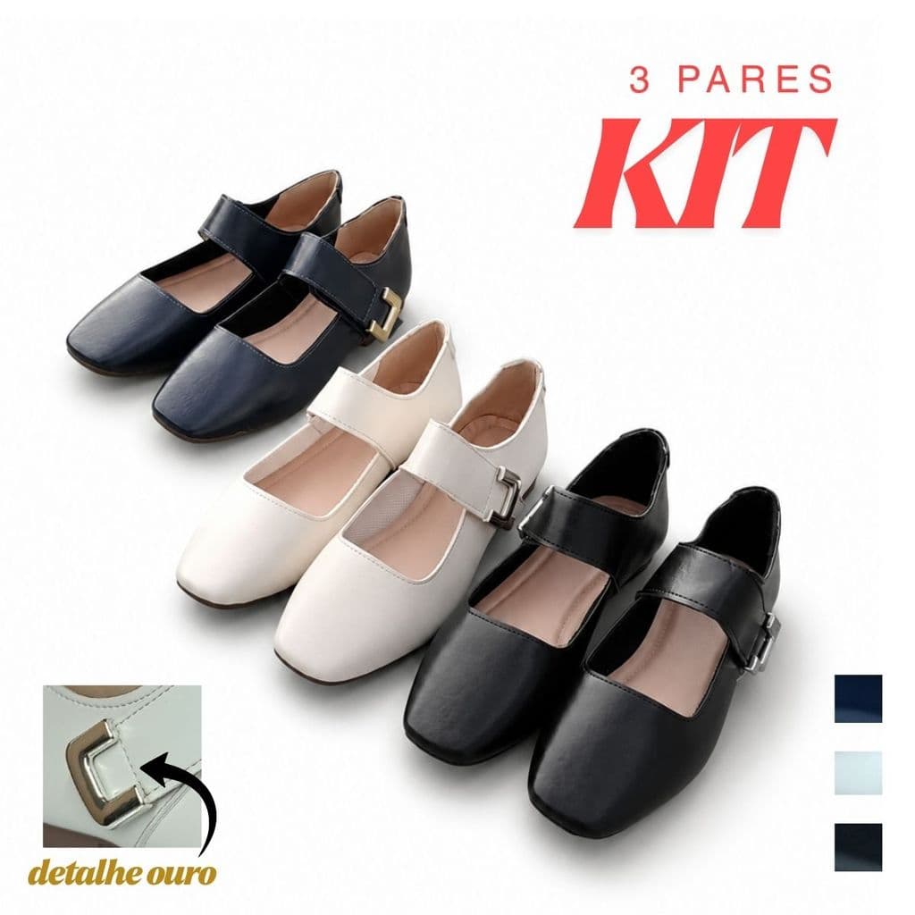 Kit 3 pares de sapatilha bico quadrado