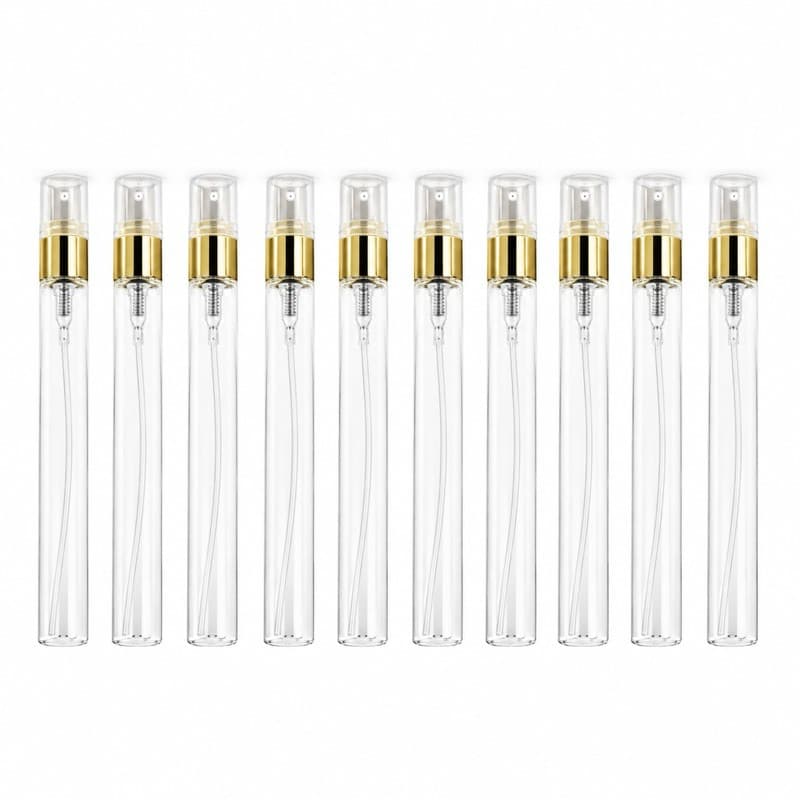 Kit 50un Frasco de Vidro Amostra de Perfume 10ml Spray Dourado Flaconete Provador