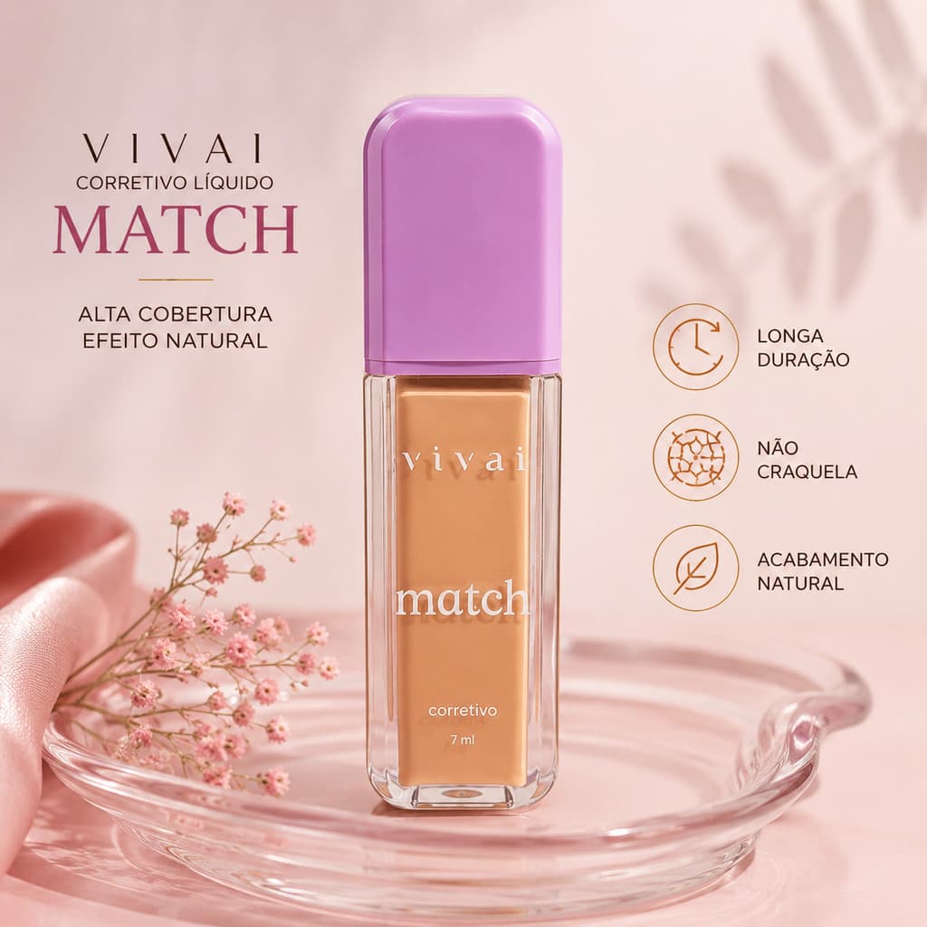 Corretivo Líquido Match Vivai Alta Cobertura Efeito Natural Longa Duração Não Craquela | Maquiagem Beleza