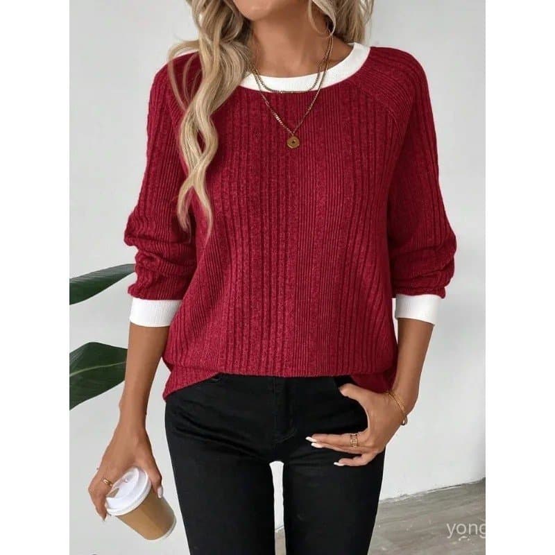 Suéter Casual Feminino com Decote Redondo, em Cores Contrastantes, Manga Longa Raglan, Tricô Canelado Vertical, Corte So