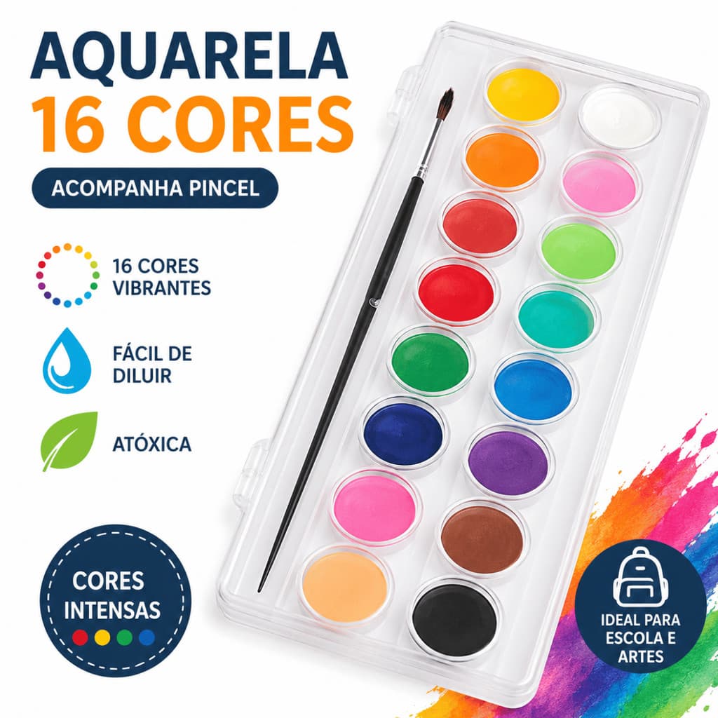 Tinta Aquarela 16 Cores com Pincel Atóxica Escolar Infantil Estojo para Pintura e Artes