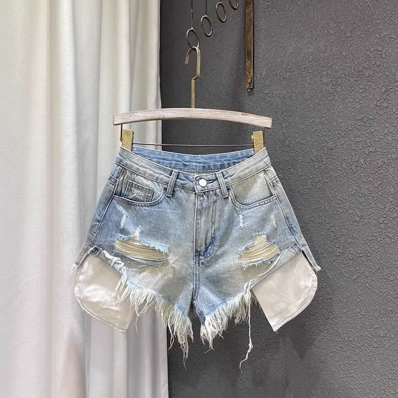 Novidade de verão: shorts jeans femininos de cintura alta, corte justo, em tons claros, com design rasgado, estilo "hot