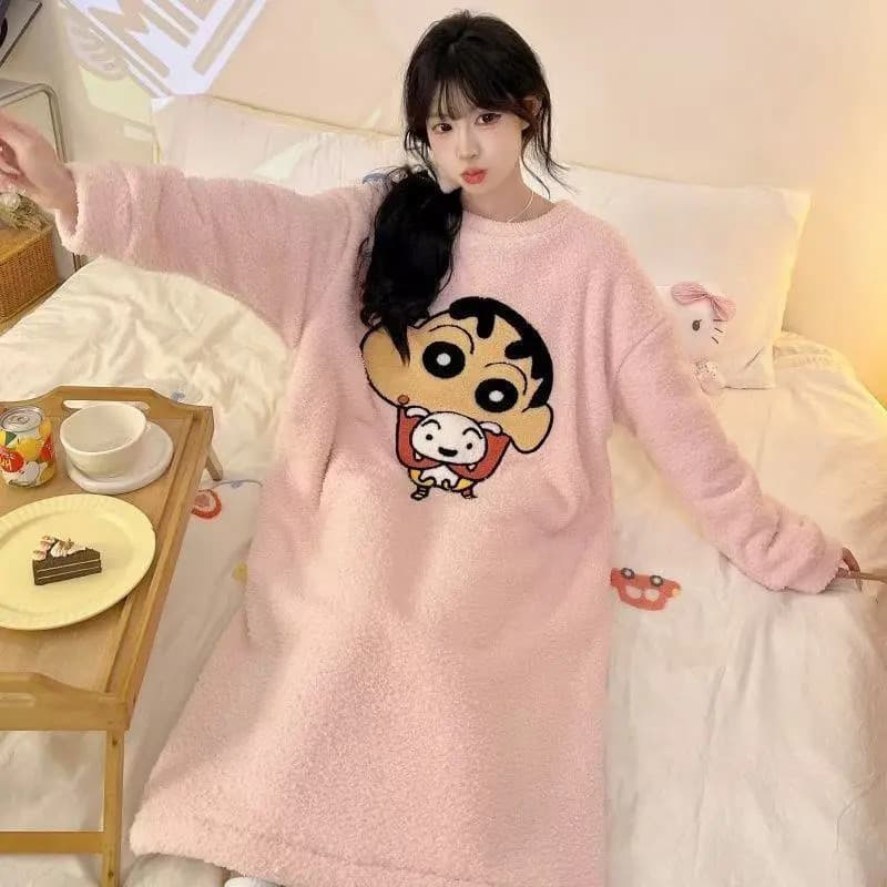 [JLYQ] Versão coreana solta fofa de desenho animado feminina longa marca de água de pelúcia, camisola quente de lã Coral