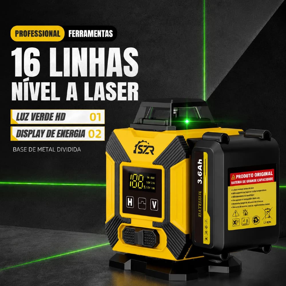 Nível Laser Verde 12/16 Linhas Autonivelante 360° - Recarregável com Controle Remoto 3D/4D Profissional