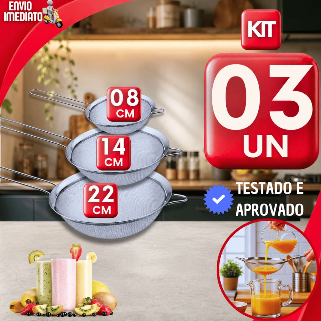 KIT COM 3 PENEIRAS AÇO INOX MALHA FINA 22CM 14CM 08CM PARA COZINHA, CONFEITARIA, PADARIA, COAR E PENEIRAR INGREDIENTES