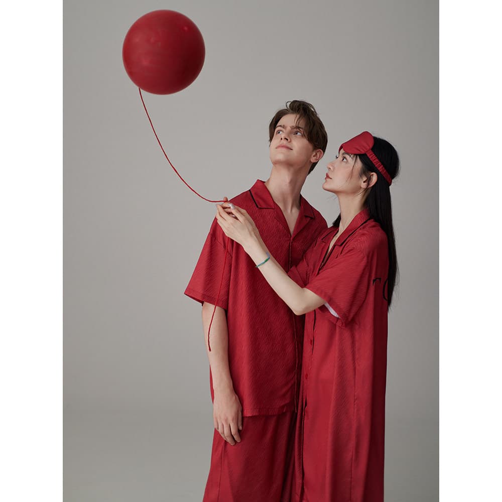 Sinfonia gelo seda casamento casal pijamas das mulheres dos homens de manga curta nupcial Loungewear verão fino vermelho