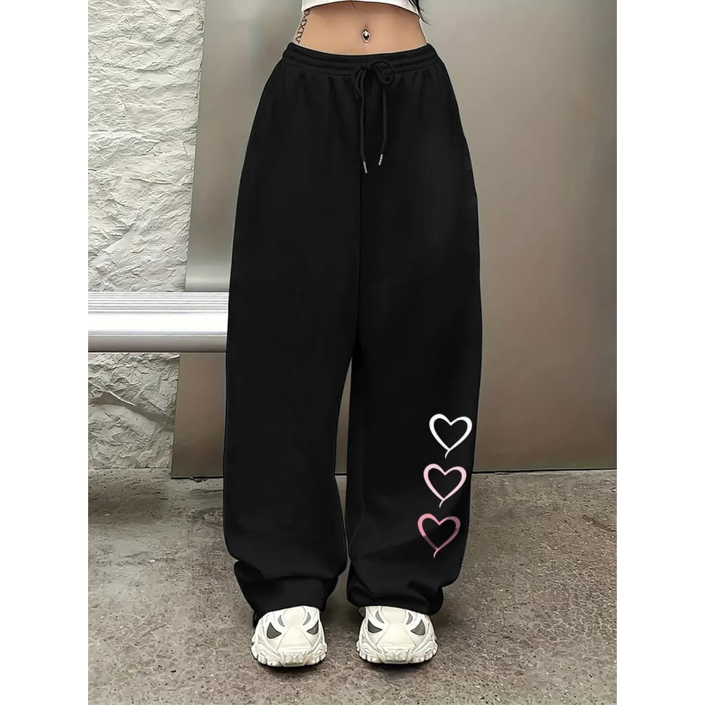 Calça feminina pantalona - Femininas Estampa de Coração, Calças de Perna Reta com Cós Elástico e Cordão, Calças de Perna