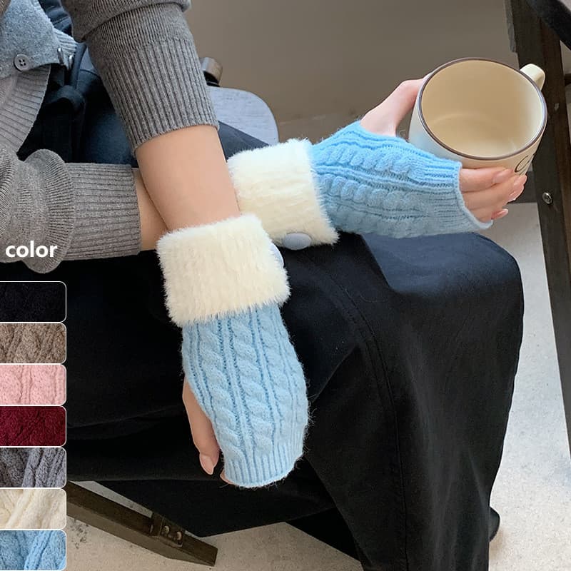 Luvas femininas sem dedos, luvas de malha trançada quentes para o inverno para meninas, modernas.